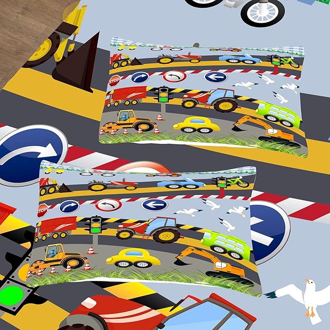 Tailor Shop Construction Vehicle Truck Kids Comforter Set Twin Size，Cartoon Excavator Bedding Sets Comforter Cover for Boys Childs Teens ，Tractor Mixer Room Decor with 1 Comforter 1 Pillowcases…