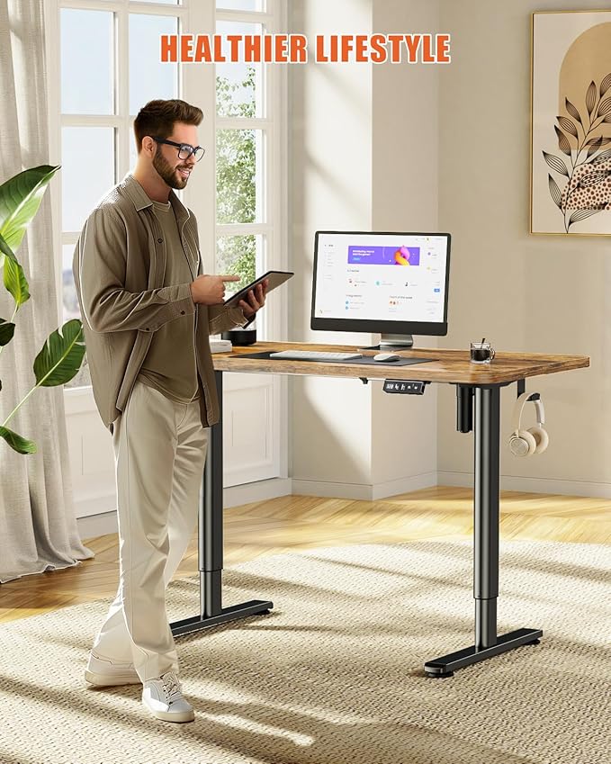 Electric Standing Desk Stand Up Adjustable Height Desk, 48" x 24" Home Office Desk, Low Noise Sit Stand Desk, Computer Desk with Whole Piece Board, Child Lock & Memory Function