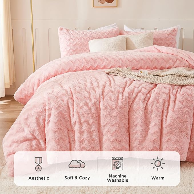 Andency Pink King Size Comforter Set, 3 Pieces Fleece Fuzzy Fluffy Bedding Set, Plush Shaggy Faux Fur Warm Bed Set