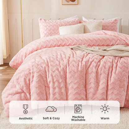 Andency Pink Fleece Comforter Set Full, 3 Pieces Fuzzy Shaggy Plush Sherpa Bedding Comforter Set Women Girls, Solid Fluffy Faux Fur Bed Comforter Set for Winter