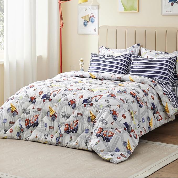 Truck Twin Comforter Set for Boys,5 Pieces Kids Bedroom Bedding Set with Sheets and Pillowcase,Super Soft Lightweight for All Seasons,Car,Machine Washable