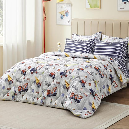 Truck Twin Comforter Set for Boys,5 Pieces Kids Bedroom Bedding Set with Sheets and Pillowcase,Super Soft Lightweight for All Seasons,Car,Machine Washable