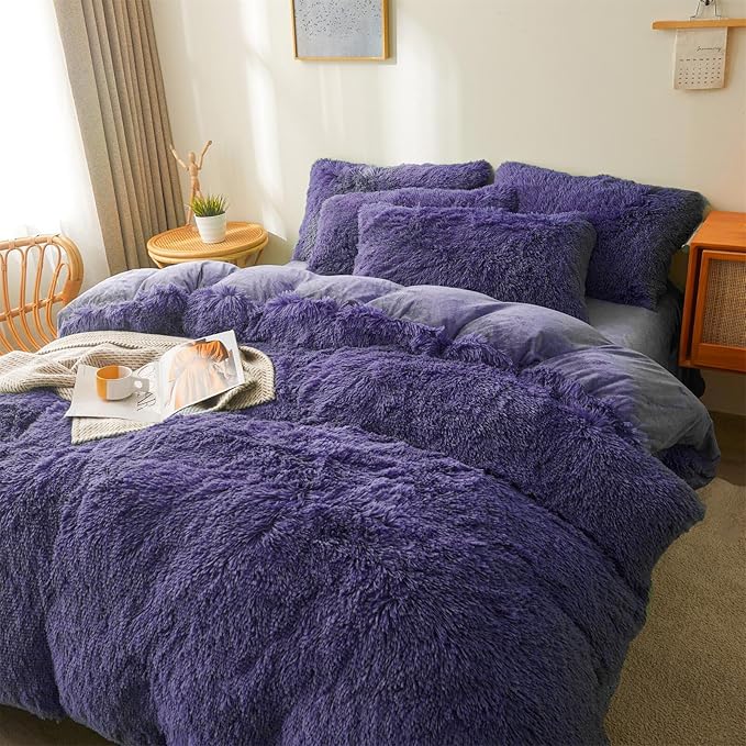 FOPPA Dark Blue fluffy Comforter Cover Set king- Ultra Soft fluffy navy blue Bedding Sets 3 Pieces (1 Duvet Cover + 2 Pillow case) navy blue fluffy bed set (Dark Blue, King)