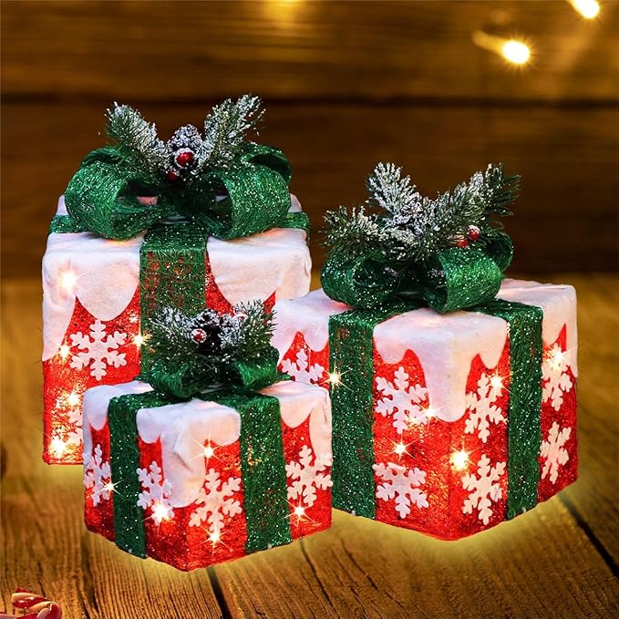 [Large 10"x8.5"x6.5" Christmas Set of 3 Lighted Gift Boxes Decorations Pre-lit 70 Super-Bright LED with Flashers,for Indoor Outdoor Christmas Tree Skirt Ornament Pathway Holiday Party Home