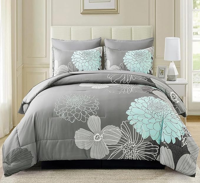 Yiran 7 Pieces Bed in a Bag Floral Comforter Set Queen Flowers Bedding Set Soft Microfiber Comforter Sets with 1 Comforter 1 Flat Sheet 1 Fitted Sheet 2 Pillowshams and 2 Pillowcases