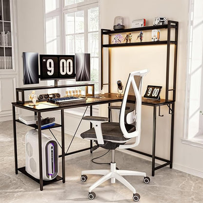 L Shaped Desk with Monitor Stand & Hutch, Computer Gaming Desk with LED Lights & Power Outlets, Home Office Coner Desk with Adjustable Storage Shelves, Black