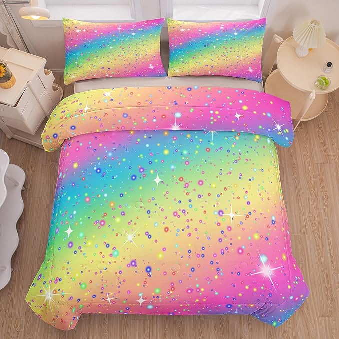 Kids Queen Bedding Sets for Girls, Pink Blue Yellow Glitter Pastel Bedding Set for All Season, Colorful Glitter Stars Bedding Set for Kids Teens (Queen, 3 Pieces)