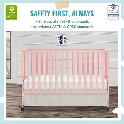 Quinn Full-Size Folding Crib in Blush Pink, Removeable Wheels, Modern Nursey, Adjustable Mattress Support, Portable Crib, Patented Folding System