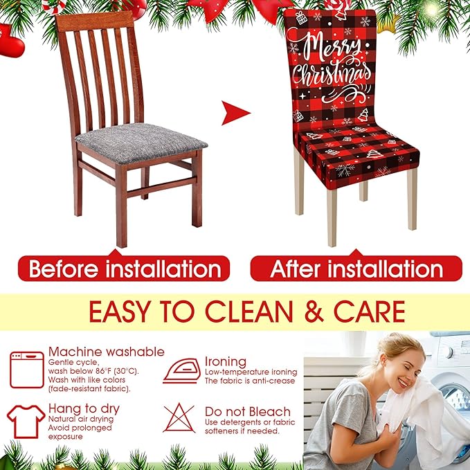 Ganeen 6 Pcs Christmas Chair Covers Merry Christmas Chair Back Cover Stretch Christmas Seat Cover Washable Xmas Dining Chair Protector Slipcover for Dining Room Kitchen Holiday Party(Plaid Style)