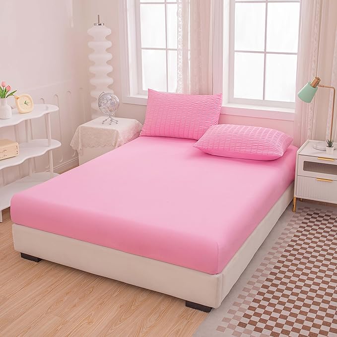 Twin Bed in a Bag Pink Seersucker Comforter Set 5-Pieces Microfiber Lightweight Comforter All Season Bedding Sets with Comforter,Flat Sheet,Fitted Sheet and Pillowcases