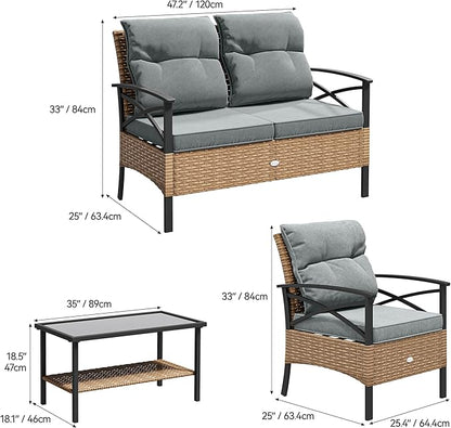 YITAHOME 4-Piece Patio Furniture Wicker Outdoor Bistro Set, All-Weather Rattan Conversation Loveseat Chairs for Backyard, Balcony and Deck with Soft Cushions and Metal Table (Light Brown+Gray)