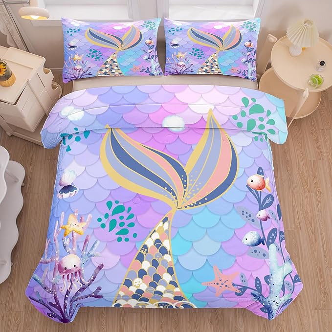 NINENINE Mermaid Tail Bedding Sets,Teal Purple Mermaid Comforter Set for Kids,Full Size Comforter Sets for Girls,Colorful Glitter Bedding Set with 1 Comforter 2Pillowcases…