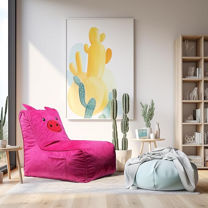 Bean Bag Chair for Kids, Cute Pig L-Shape Animal Bean Bag Sofa with Top Handles and Side Pockets, Cute Soft and Comfy Bean Bag Chair with Filler Included, Ages 1+ Children's Day Gifts