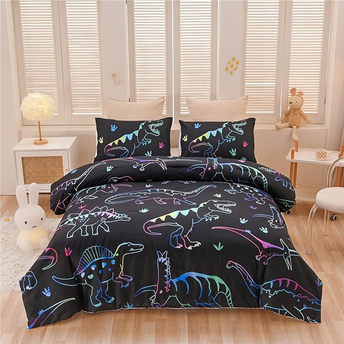 Meeting Story Dinosaur Comforter Set, Fluorescence Dinosaur Colorful Pattern Style Twin Comforter Set, 3 PCS 1 Comforter and 2 Pillowcases in One Bag, All Season Bedspread for Kids Teens Adults（Twin）