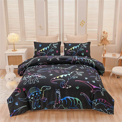 Meeting Story Dinosaur Comforter Set, Fluorescence Dinosaur Colorful Pattern Style Twin Comforter Set, 3 PCS 1 Comforter and 2 Pillowcases in One Bag, All Season Bedspread for Kids Teens Adults（Twin）