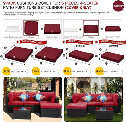 ClawsCover 9Pack Outdoor Seat and Back Cushions Replacement Covers Fit for 5 Pieces 4-Seater Wicker Rattan Furniture Patio Conversation Set Sectional Couch,Burgundy-Include Cover Only (Small)
