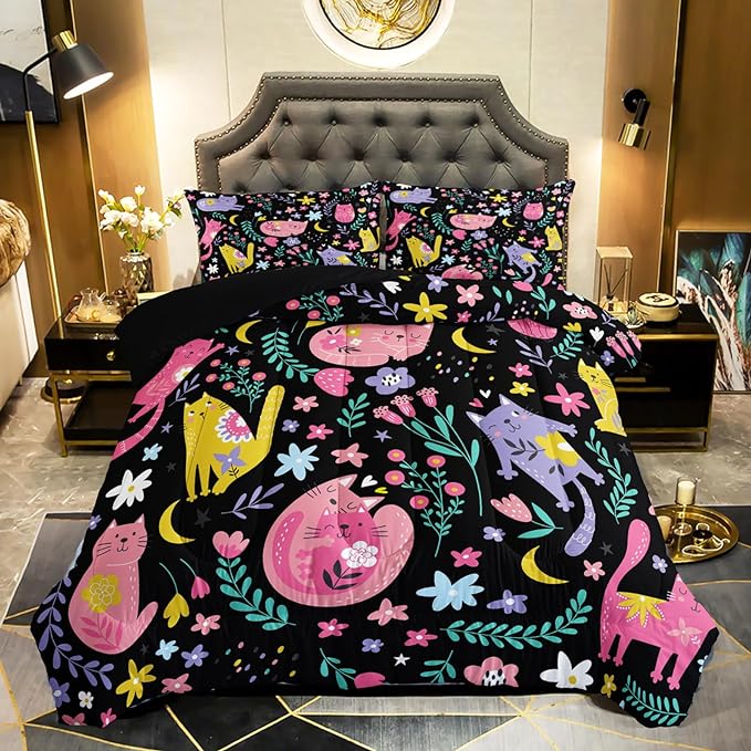 Floral Cat Comforter King Size,Black Cats Comforter Set for Kids Teens Girls,3Pcs Bedding Set Printed Comforter with 2 Pillowcases,Down Alternative,Soft and Lightweight(Black，King Size)