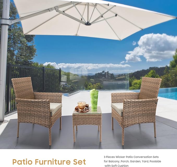 YIYAN 3 Pieces Patio Bistro Set Outdoor Wicker Furniture Outdoor Porch PE Rattan Wicker Chairs Furniture Sets with Sofa Chairs,Glass Coffee Table and Gray Washable Cushion