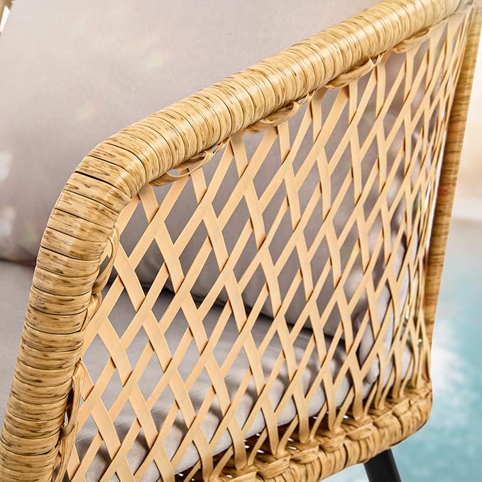 YITAHOME 3-Piece Wicker Balcony Small Patio Furniture Chair Set, Outdoor Rattan Conversation Chairs for Backyard, Balcony and Apartment with Soft Gray Cushions, Glass Side Table Light-Yellow