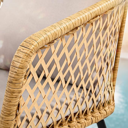 YITAHOME 3-Piece Wicker Balcony Small Patio Furniture Chair Set, Outdoor Rattan Conversation Chairs for Backyard, Balcony and Apartment with Soft Gray Cushions, Glass Side Table Light-Yellow