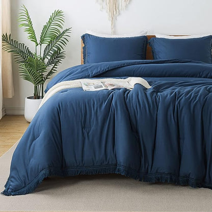 Andency Navy Blue Comforter Set Full Size, 3 Pieces Boho Tassel Lightweight Bedding Comforter Sets, All Season Soft Fluffy Fringe Bed Set (79x90In Comforter & 2 Pillowcases)
