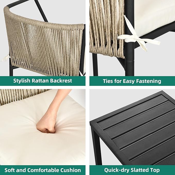 YITAHOME Wicker 3-Piece Outdoor Bistro Set, All-Weather Patio Conversation Set with Stackable Chairs & Table, Outdoor Sectional Furniture Set for Balcony, Backyard, Pool, Porch, Deck - Beige