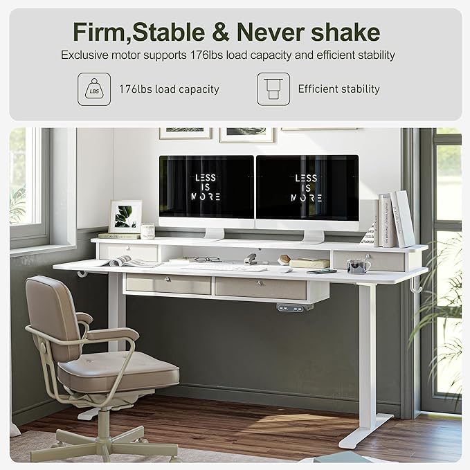 BANTI Height Adjustable Electric Standing Desk with 4 Drawers, 48 x 24 Inch Table with Storage Shelf, Sit Stand Desk, White Top