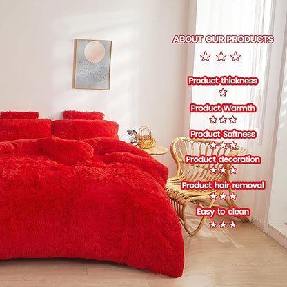 FOPPA Red fluffy Comforter Cover Set king- Ultra Soft fluffy Red Bedding Sets 3 Pieces (1 Duvet Cover + 2 Pillow case) pink fluffy bed set (Red, King)