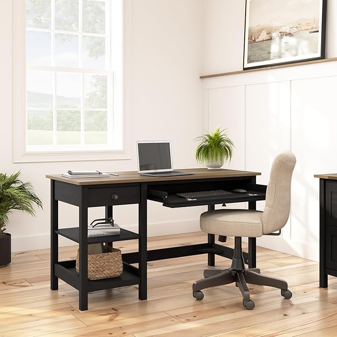 Bush Furniture Mayfield 54W Computer Desk with Shelves in Vintage Black and Reclaimed Pine| Table and Storage for Home Office Workspace