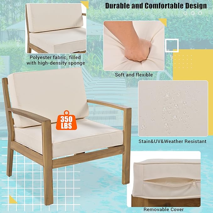 Merax 6-Piece Outdoor Sectional Conversation Sofa Seat Cushions Acacia Wood Frame Furniture Sets with Coffee Table and Ottoman for Garden Backyard Patio and Poolside, Beige