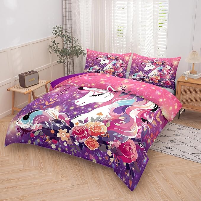Tailor Shop Unicorn Kids Bedding Set for Girls Pink Purple Flower Unicorn Comforter Set Queen Galaxy Bedding Sets All Season with 2 Pillowcase……