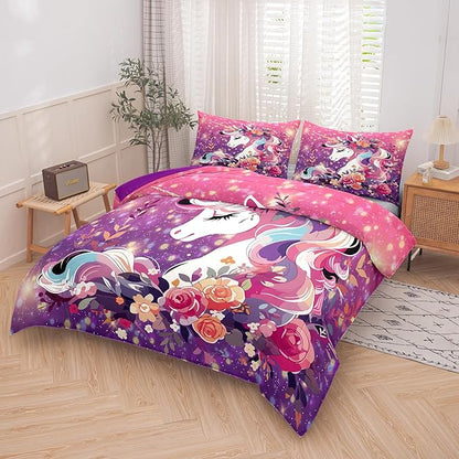 Tailor Shop Girls Twin Bedding Set Pink Purple Unicorn Girls Comforter Set Kids Bedding Sets for Girls All Season with 1 Pillowcase………