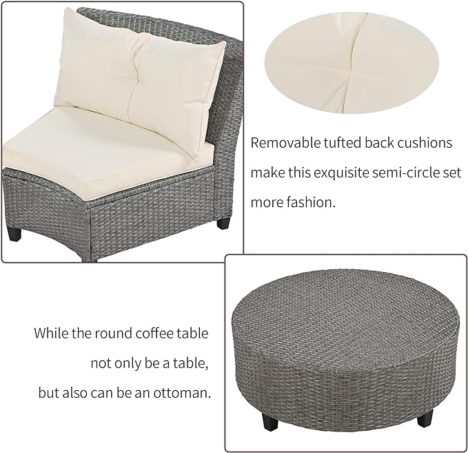Outdoor 9 Pieces Patio Furniture Half Moon Wicker Sofa Sets, Fan-Shaped Curved Sectional Couch with Coffee Table&Beige Cushions, 1, Gray Rattan