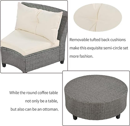 Outdoor 9 Pieces Patio Furniture Half Moon Wicker Sofa Sets, Fan-Shaped Curved Sectional Couch with Coffee Table&Beige Cushions, 1, Gray Rattan