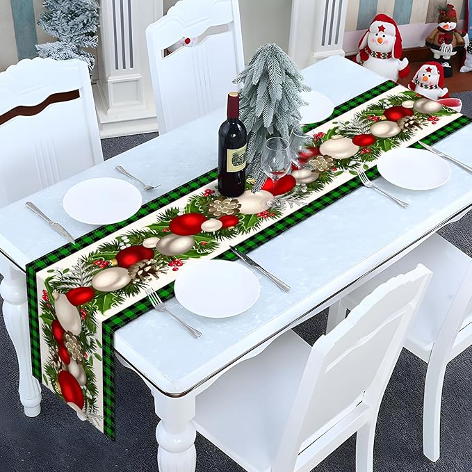 Nepnuser Black and Green Buffalo Check Plaid Christmas Table Runner 90 Inches Long Gingham Xmas Decoration Holiday Home Kitchen Decor