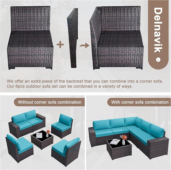 Patio Furniture Set Sofa 6-Piece Wicker PE Rattan Sectional Sofa Set, Outdoor Furniture Patio Conversation Sofa Set with Glass Coffee Table, Blue