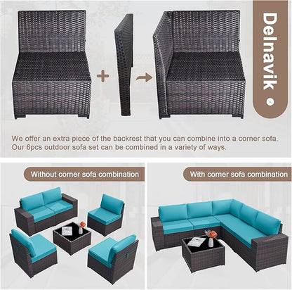 Patio Furniture Set Sofa 6-Piece Wicker PE Rattan Sectional Sofa Set, Outdoor Furniture Patio Conversation Sofa Set with Glass Coffee Table, Blue