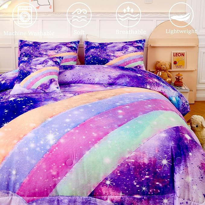 6 Pcs Rainbow Queen Bed in A Bag for Girls/Kids/Teens Purple Tie Dye Comforter Set Galaxy Girls Bedding Comforter Set Soft Gradient Glitter Bed Sets for All Season