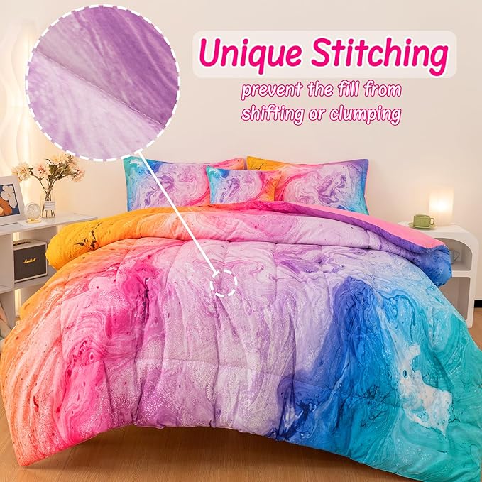 4 Pcs Tie Dye Full Comforter Set for Girls, Watercolor Marble Abstract Art Superior Kids Bedding Sets Full Size, Pink Purple Blue Colorful Teenage Girls Comforter Sets