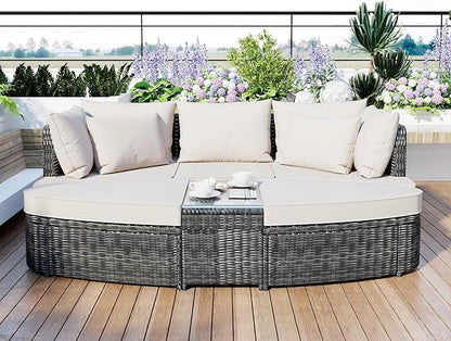 6-Piece Patio Round Sofa Set Rattan Daybed with Coffee Table and Cushions, Outdoor Furniture Conversation Sectional Seating Group for Garden, Poolside, Backyard, Onesize, Beige