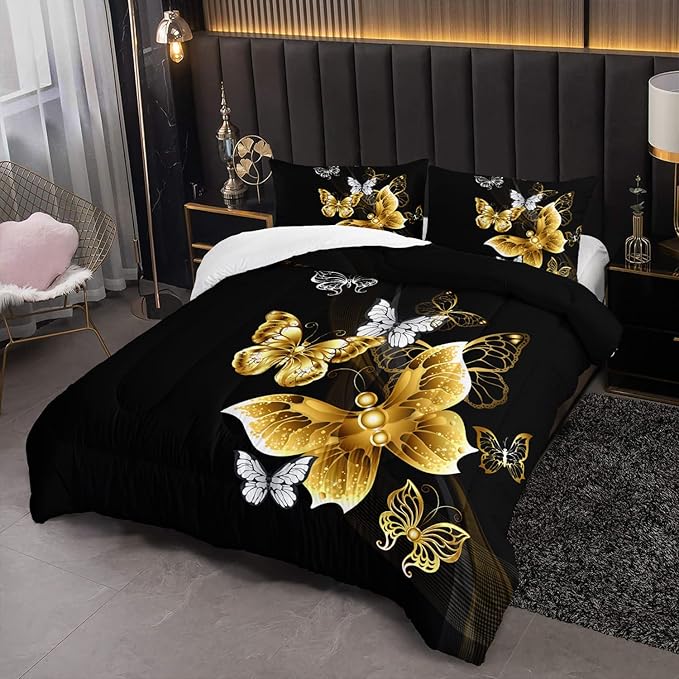 Butterfly Comforter Set for Adults Black and Gold Butterfly Bedding Set Aesthetics Butterflies Quilt Duvet Set Full Size with 1 Comforter and 2 Pillowcases