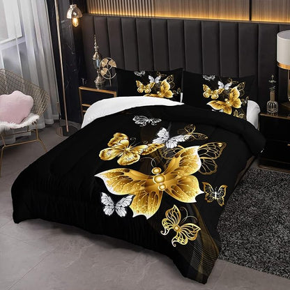 Butterfly Comforter Set for Adults Black and Gold Butterfly Bedding Set Aesthetics Butterflies Quilt Duvet Set Twin Size with 1 Comforter and 2 Pillowcases