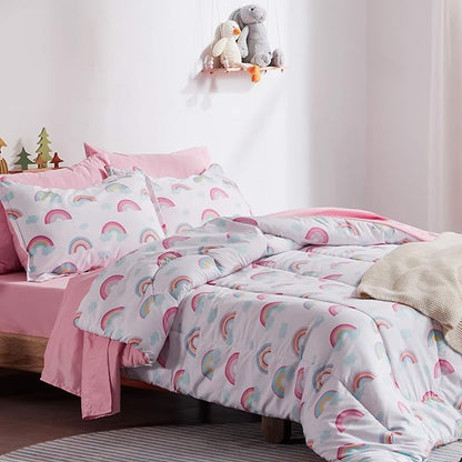SLEEP ZONE Kids Bedding Comforter Set Full/Queen Size - Super Cute & Soft Kids Bedding 7 Pieces Set with Comforter, Sheet, Pillowcase & Sham (Pink Rainbow)