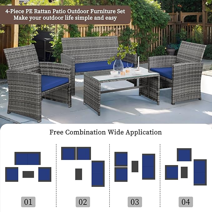 Shintenchi 4-Piece Outdoor Gray Wicker Patio Conversation Furniture Set, Rattan Patio Furniture Set with Weather Resistant Cushions and Tempered Glass Tabletop,Navy Blue