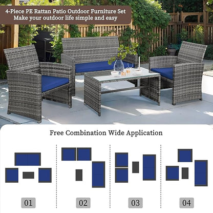 Shintenchi 4-Piece Outdoor Gray Wicker Patio Conversation Furniture Set, Rattan Patio Furniture Set with Weather Resistant Cushions and Tempered Glass Tabletop,Navy Blue