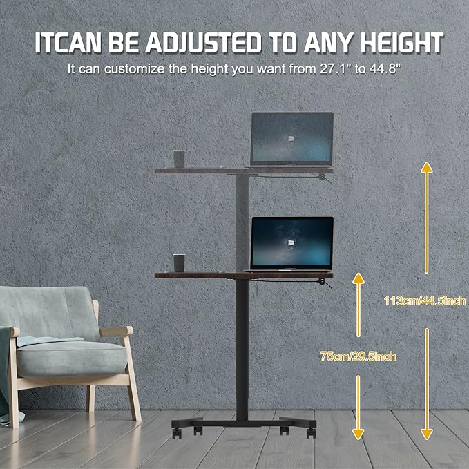 Rolling Desk Adjustable Height, Presentation Podium with Tablet Slot, 28 Inch Mobile Laptop Stand Desk Rolling Cart for Home Office Classroom
