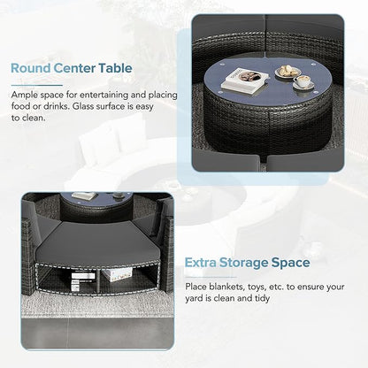 9-Pieces Outdoor Patio Furniture Set, Rattan Wicker Circular Sectional Sofa with Storage, Tempered Glass Table and 6 Pillows, Garden Lawn Half Moon Conversation Couch, Grey