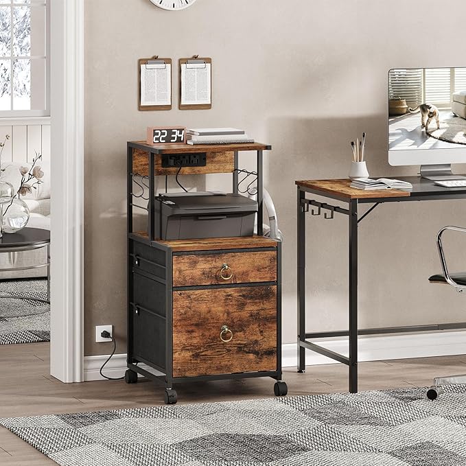 HOOBRO 2-Drawer File Cabinet, Filing Cabinet with Charging Station, Vertical Office Cabinet with Open Storage Shelf, Printer Stand, A4/Letter Size, Nonwovens Drawer, Rustic Brown BF23UWJ01