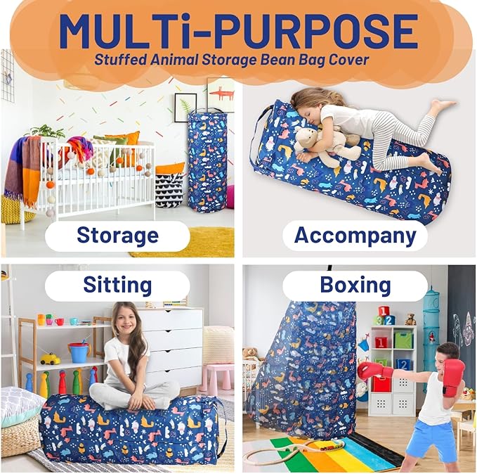 Dinosaur Stuffed Animal Storage Bean Bag Cover for Kids - Organize, Sit, Play & Box Help Promote Comfort and Relaxation - Perfect Playroom & Bedroom Plush Toys Beanbag, Cylinder, Best Gift for Kids
