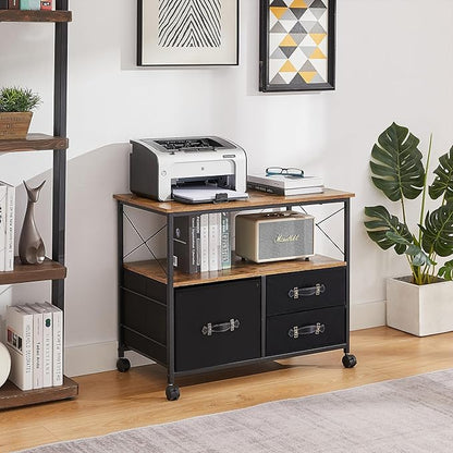 VECELO 3 Drawer Lateral File Cabinet Rolling Printer Stand with Open Storage Shelf, Fits A4 Or Letter Size, with Lockable Casters, Leather Handle, Ideal for Small Spaces, Brown+Black